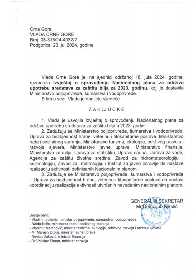 Izvještaj o sprovođenju Nacionalnog plana za održivu upotrebu sredstava za zaštitu bilja za 2023. godinu - zaključci