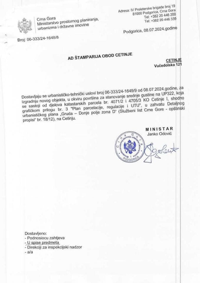 Izdati urbanističko-tehnički uslovi - 06_333_234_1648_8 AD Štamparija Obod Cetinje