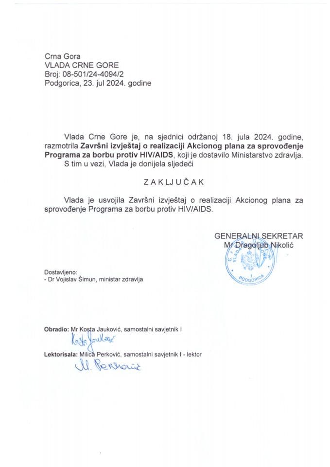 Završni izvještaj o realizaciji Akcionog plana za sprovođenje Programa za borbu protiv HIV/AIDS za period od 2021. do 2023. godine, za 2023. godinu - zaključci