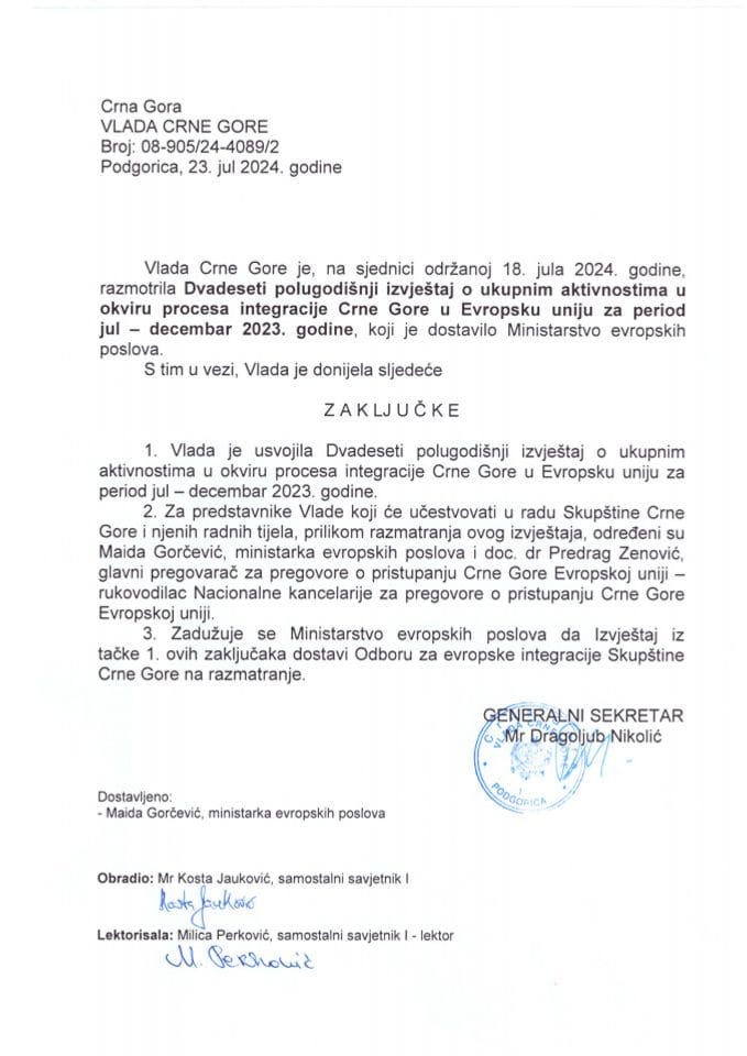 Двадесети полугодишњи извјештај о укупним активностима у оквиру процеса интеграције Црне Горе у Европску унију за период јул - децембар 2023. - закључци