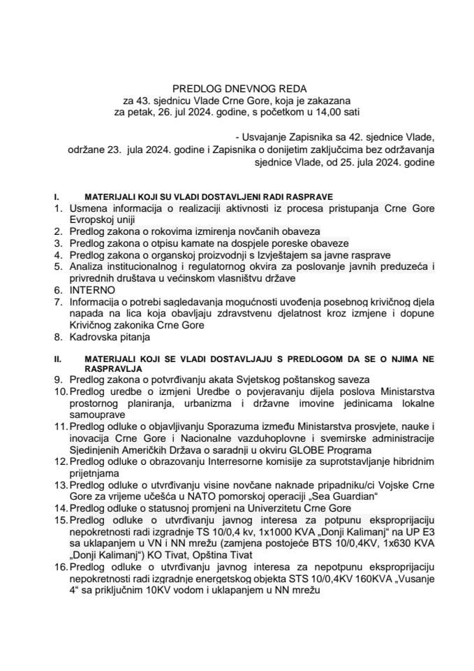 Предлог дневног реда за 43. сједницу Владе Црне Горе