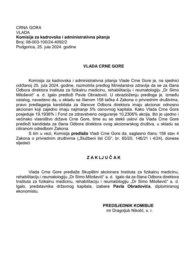 Predlog za izbor člana Odbora direktora Instituta za fizikalnu medicinu, rehabilitaciju i reumatologiju „Dr Simo Milošević“ AD Igalo