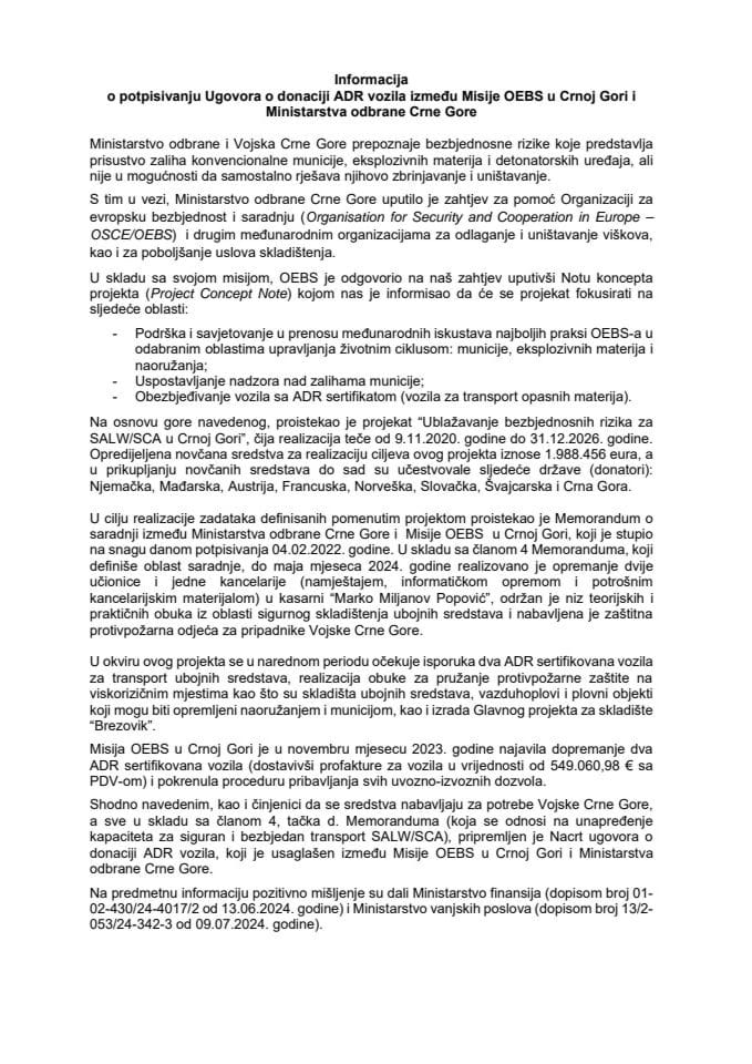 Информација о потписивању Уговора о донацији ADR возила између Мисије ОЕБС-а у Црној Гори и Министарства одбране Црне Горе с Предлогом уговора