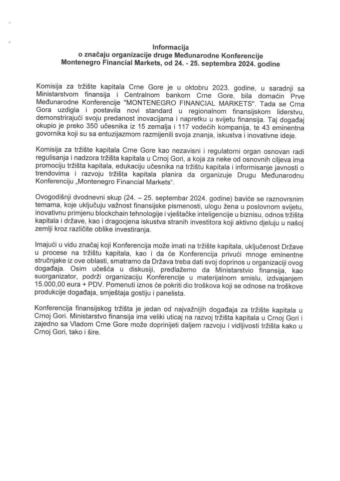 Информација о значају организације друге Међународне конференције Montenegro Financial Markets, 24-25. септембра 2024. године с Предлогом уговора