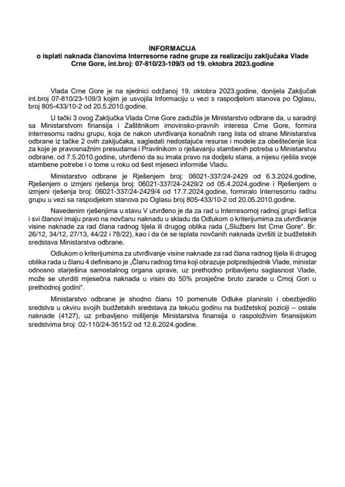 Informacija o isplati naknada članovima Interresorne radne grupe za realizaciju zaključaka Vlade Crne Gore, int. broj: 07-810/23-109/3 od 19. oktobra 2023. godine