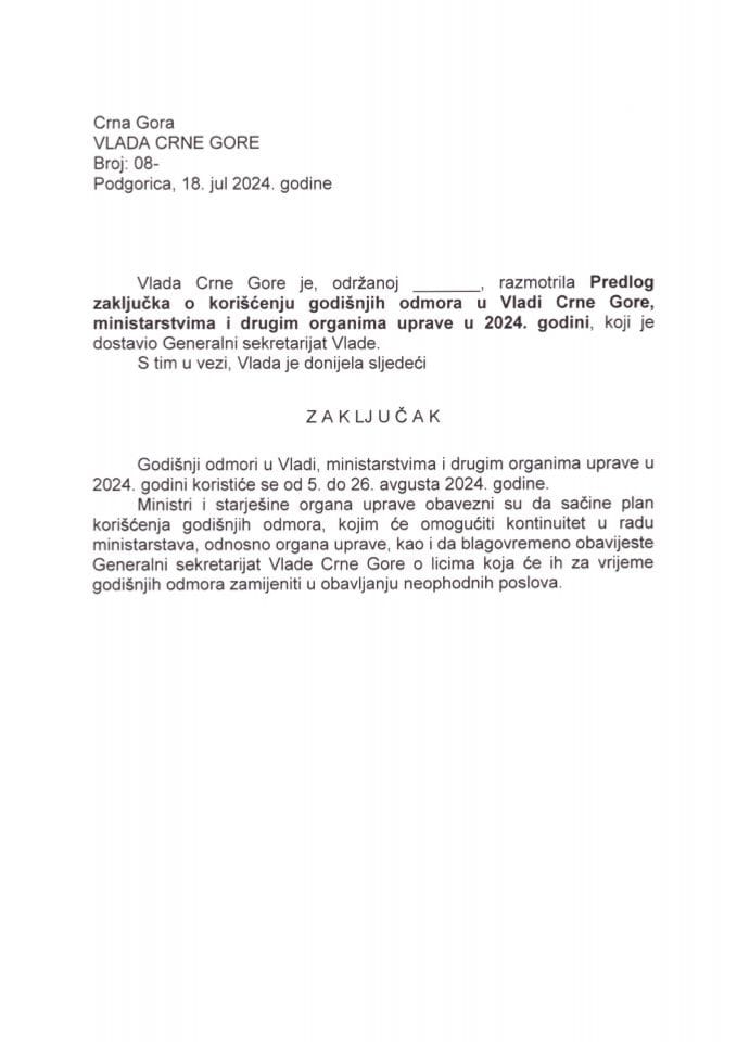 Predlog zaključka o korišćenju godišnjih odmora u Vladi Crne Gore, ministarstvima i drugim organima uprave u 2024. godini