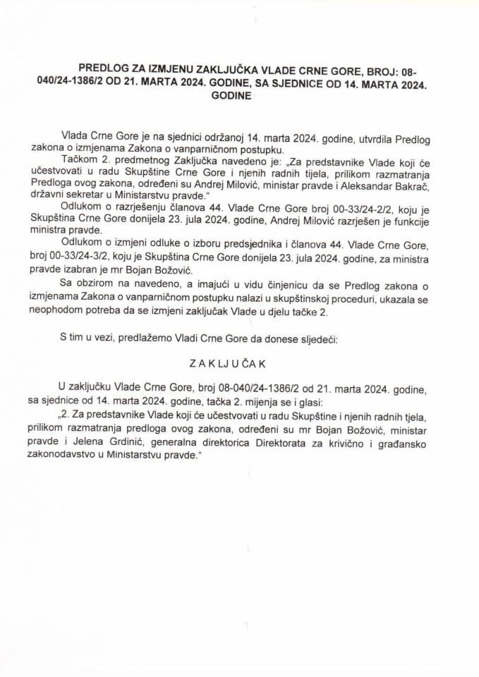 Predlog za izmjenu Zaključka Vlade Crne Gore, broj: 08-040/24-1386/2, od 21. marta 2024. godine, sa sjednice od 14. marta 2024. godine