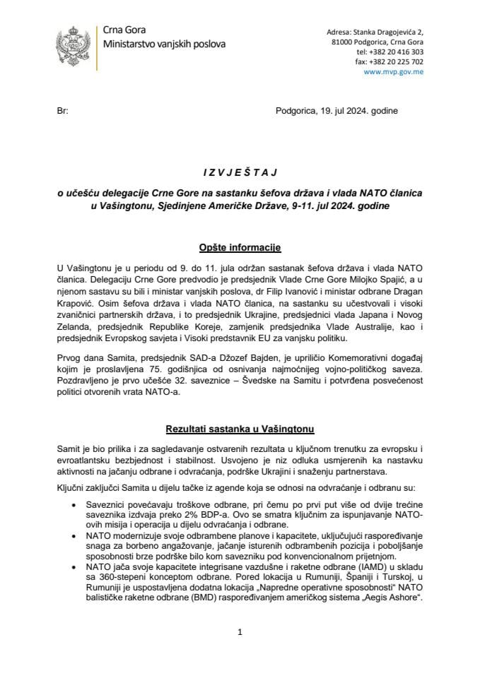 Izvještaj o učešću delegacije Crne Gore na sastanku šefova država i vlada NATO članica u Vašingtonu, Sjedinjene Američke Države, 9−11. jul 2024. godine