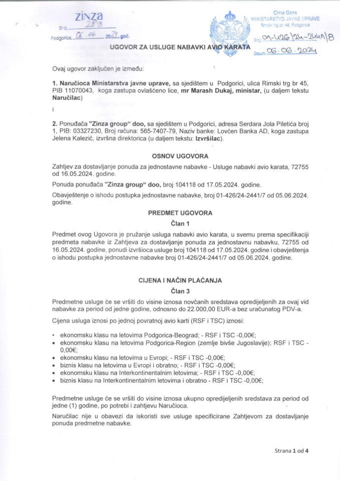 Ugovor Avio karte 06.06.2024