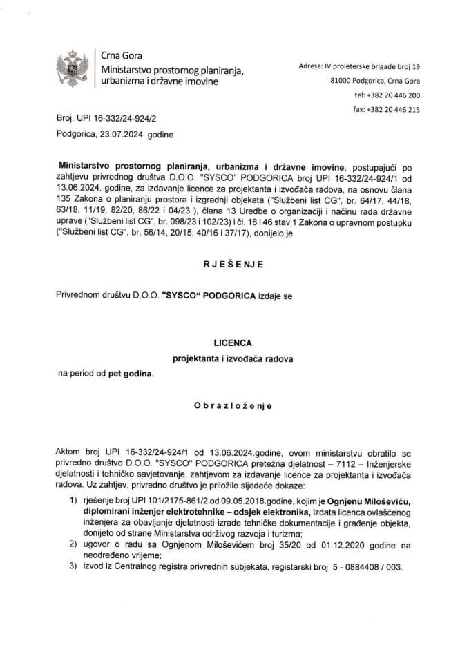 Licence projektanata i izvođača radova - UPI 16-332-24-924-2 DOO SYSCO