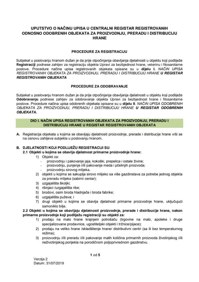 Uputstvo o načinu upisa u centralni registar registrovanih odnosno odobrenih objekata za proizvodnju, preradu i distribuciju hrane