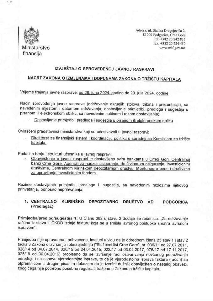 Извјештај о спроведеној јавној расправи - Нацрт закона о измјенама и допунама Закона о тржишту капитала