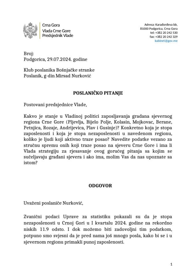 Премијерски сат: Одговор предсједника Владе Милојка Спајића на посланичко питање Мирсада Нурковиц́а