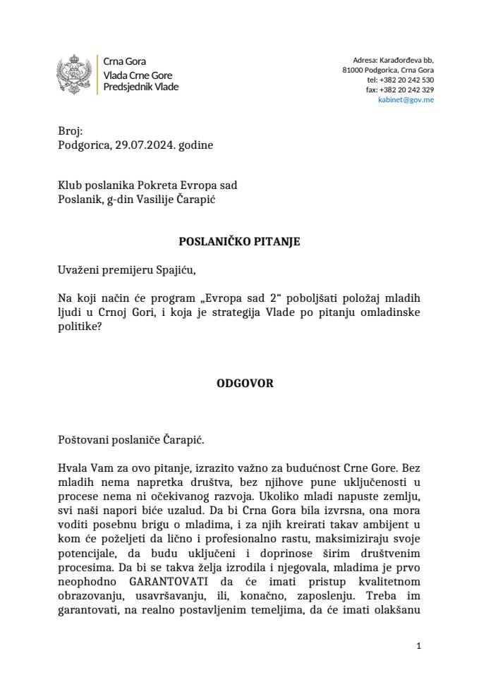 Premijerski sat: Odgovor predsjednika Vlade Milojka Spajića na poslaničko pitanje Vasilija Čarapića