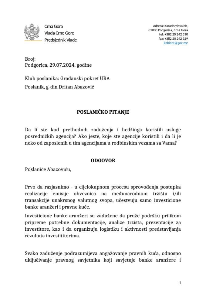 Premijerski sat: Odgovor predsjednika Vlade Milojka Spajića na poslaničko pitanje Dritana Abazovića