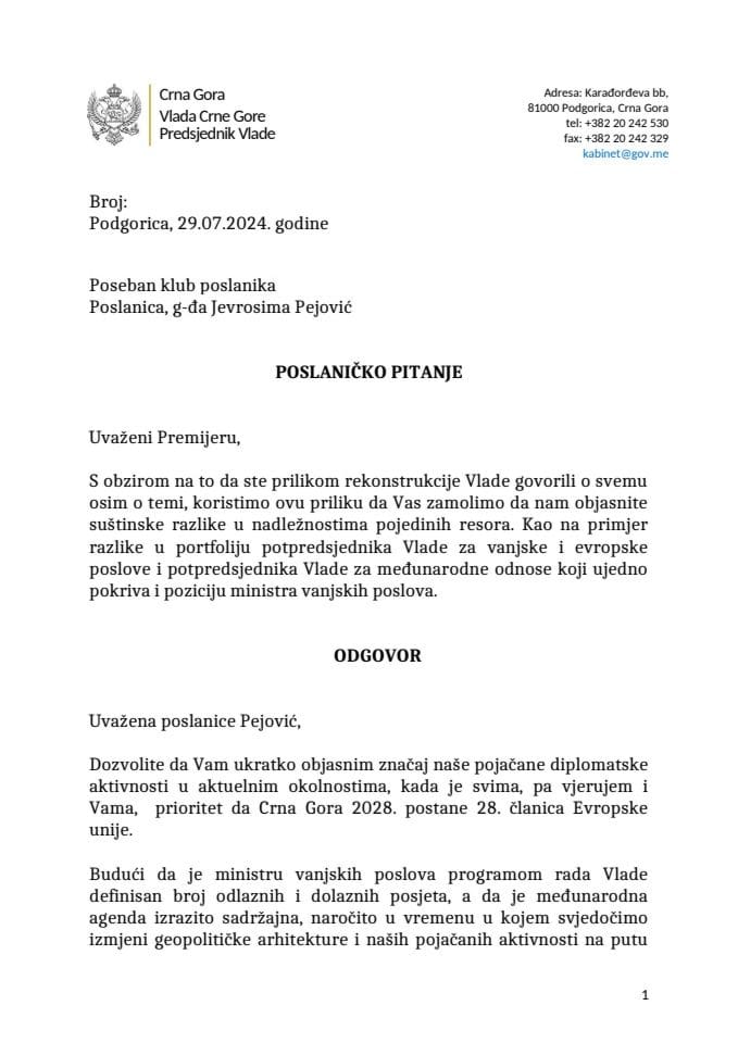 Premijerski sat: Odgovor predsjednika Vlade Milojka Spajića na poslaničko pitanje Jevrosime Pejović