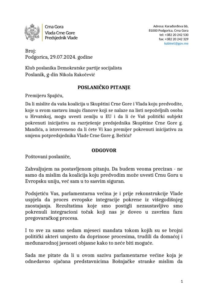 Premijerski sat: Odgovor predsjednika Vlade Milojka Spajića na poslaničko pitanje Nikole Rakočevića