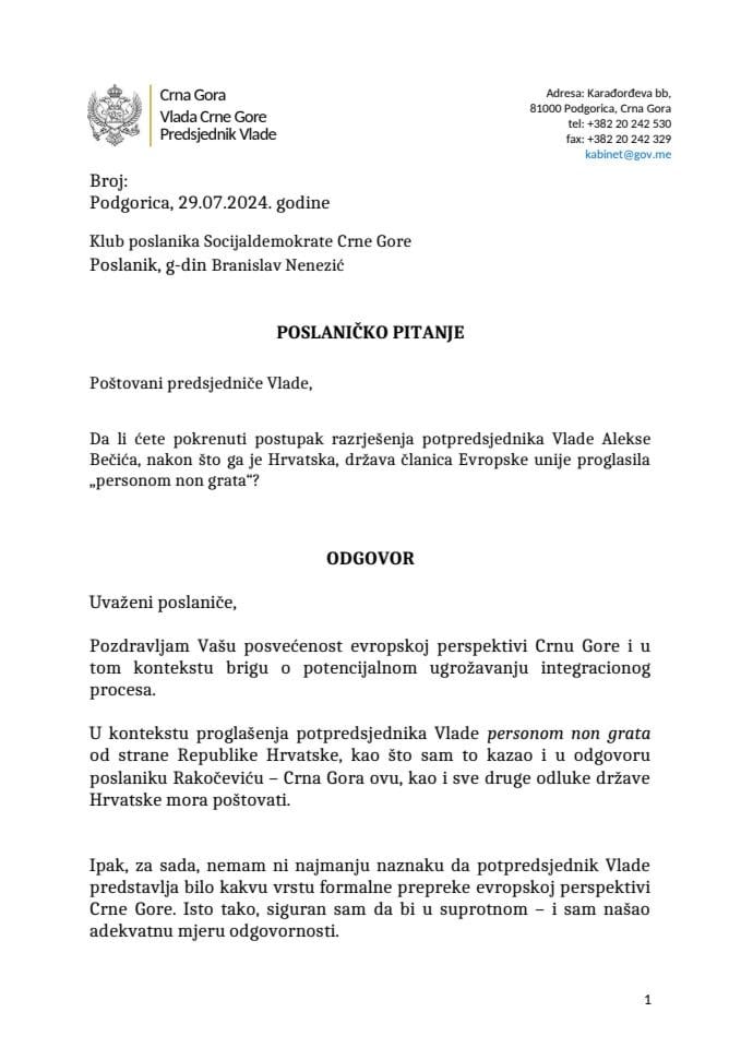 Premijerski sat: Odgovor predsjednika Vlade Milojka Spajića na poslaničko pitanje Branislava Nenezića