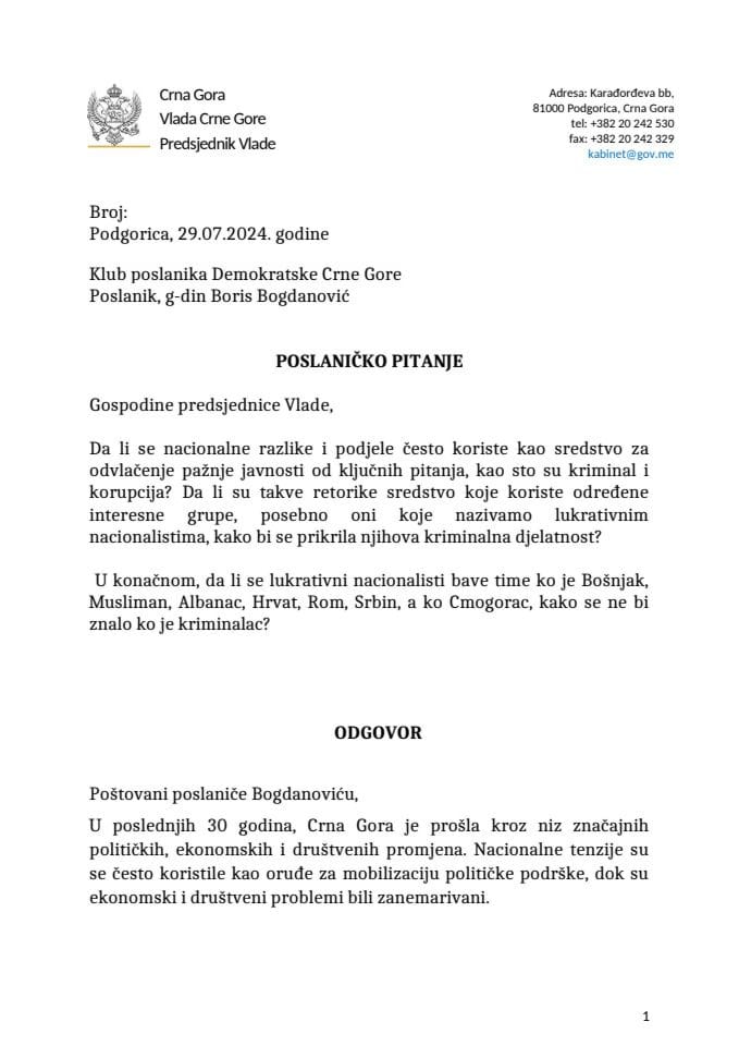 Premijerski sat: Odgovor predsjednika Vlade Milojka Spajića na poslaničko pitanje Borisa Bogdanovića