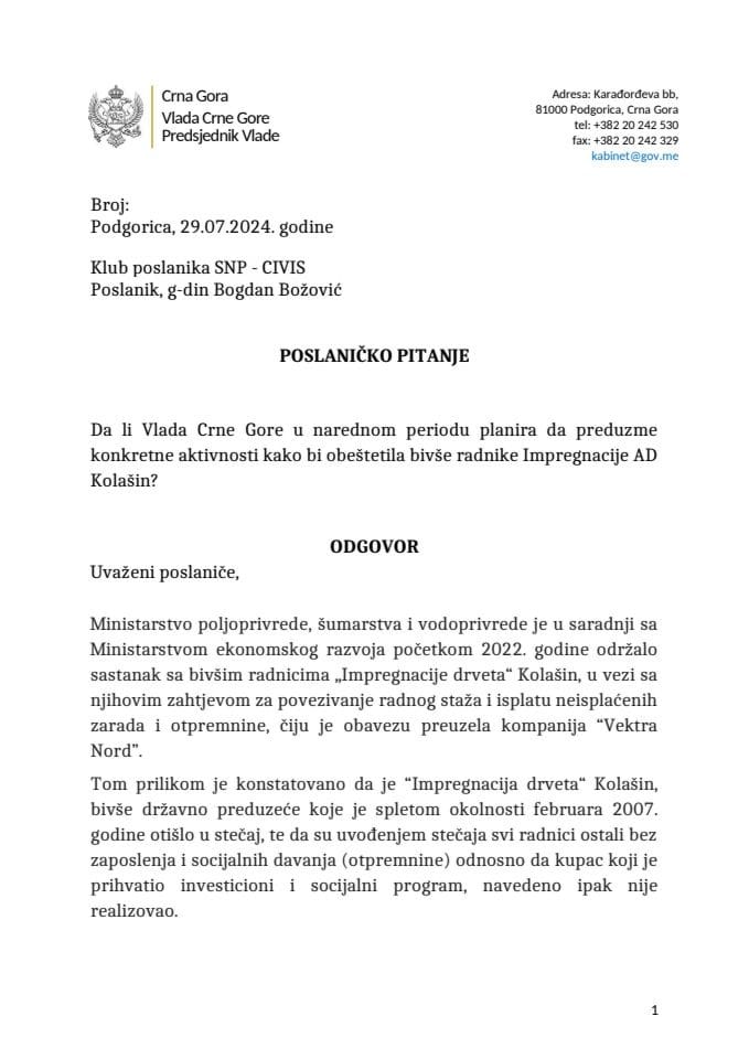 Premijerski sat: Odgovor predsjednika Vlade Milojka Spajića na poslaničko pitanje Bogdana Božovića