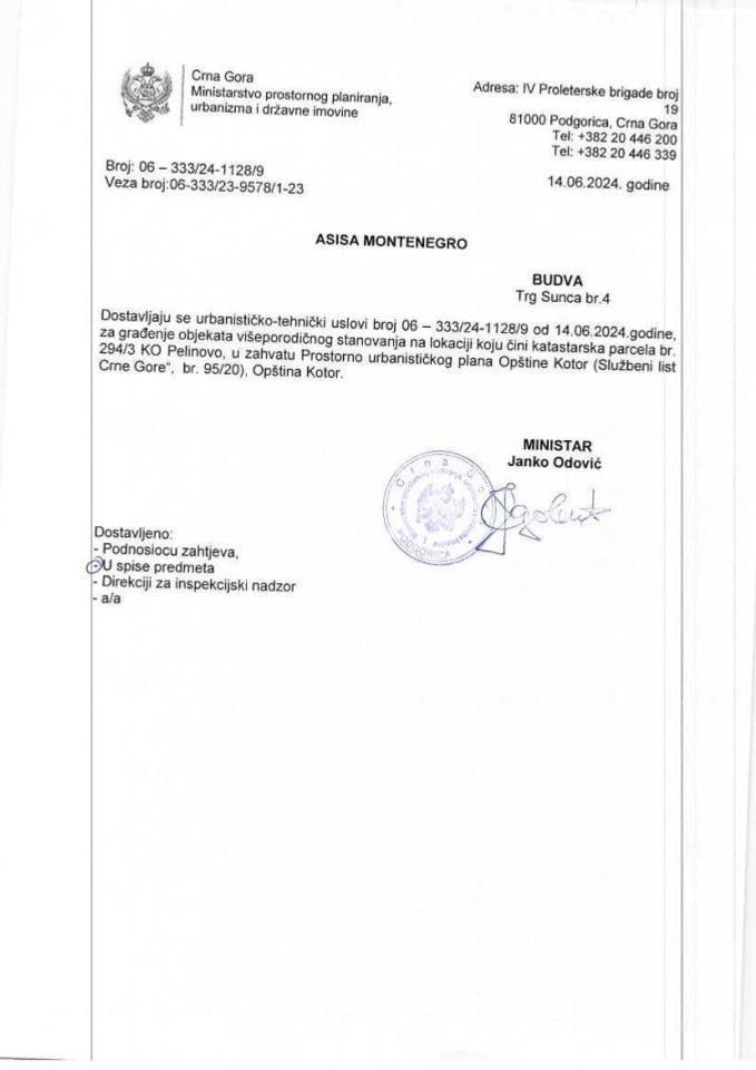 Izdati urbanističko-tehnički uslovi - 06_333_24_1128_9 Asisa Montenegro