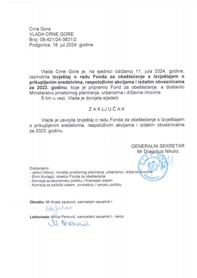 Izvještaj o radu Fonda za obeštećenje sa Izvještajem o prikupljenim sredstvima, raspoloživim akcijama i izdatim obveznicama za 2023. godinu (bez rasprave) - zaključci