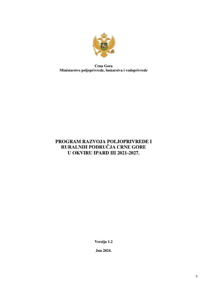 Предлог програма развоја пољопривреде и руралних подручја Црне Горе у оквиру IPARD III - 2021-2027 верзија 1.2