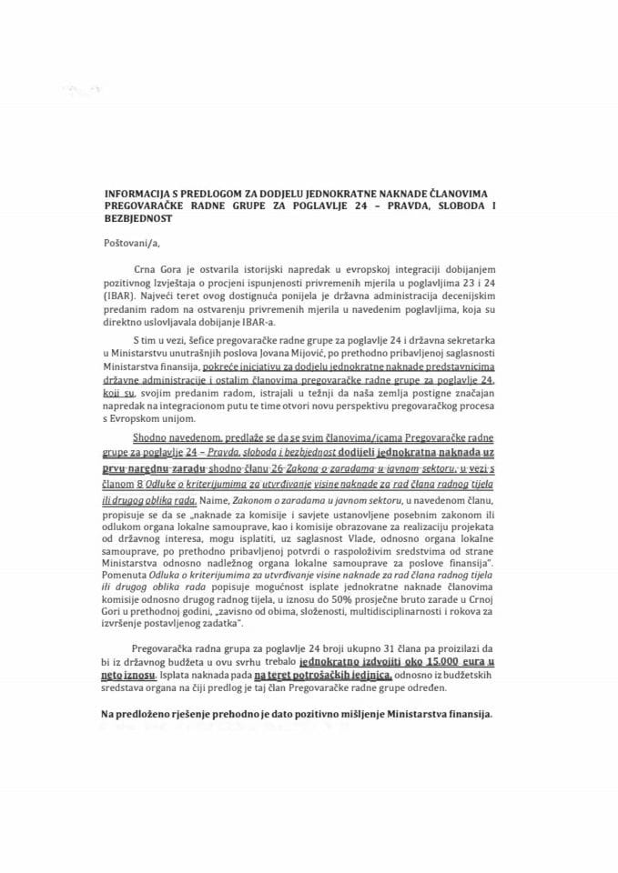 Информација с предлогом за додјелу једнократне накнаде члановима/ицама Преговарачке радне групе за поглавље 24 - Правда, слобода и безбједност