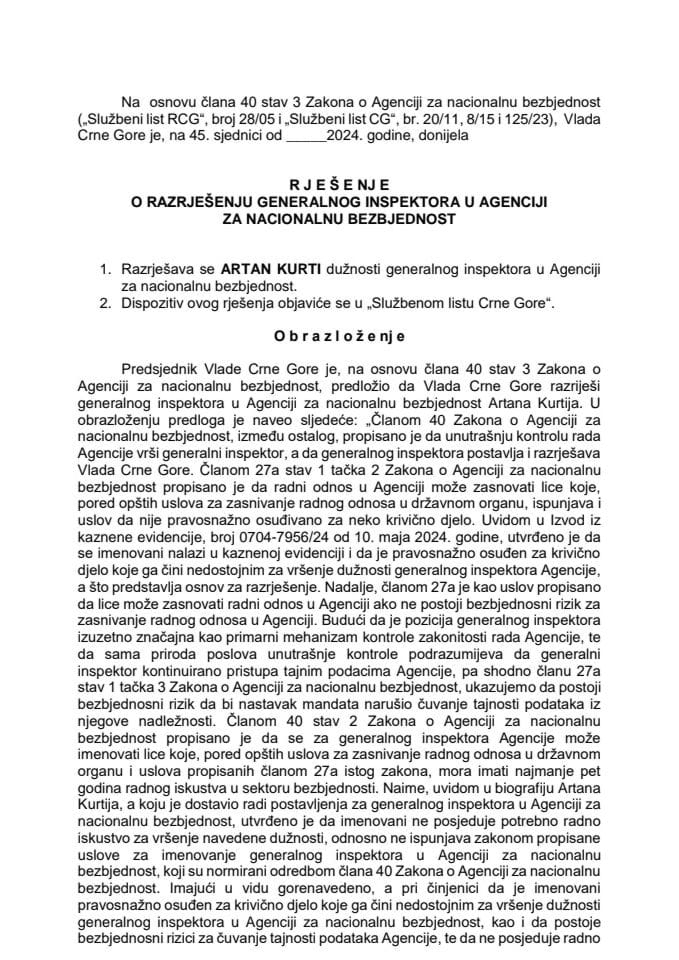 Предлог за разрјешење генералног инспектора у Агенцији за националну безбједност