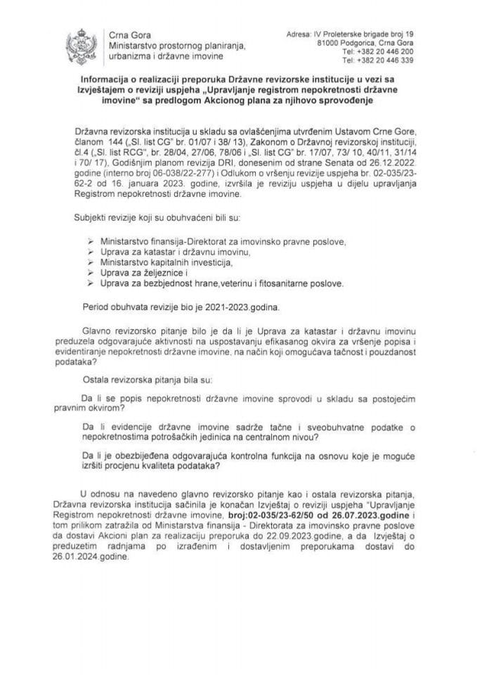 Информација о реализацији препорука Државне ревизорске институције у вези са Извјештајем о ревизији успјеха „Управљање регистром непокретности државне имовине“ с Предлогом акционог плана за њихово спровођење (без расправе)