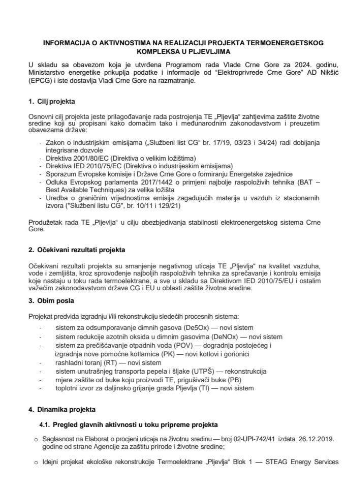 Informacija o aktivnostima na realizaciji projekta termoenergetskog kompleksa u Pljevljima