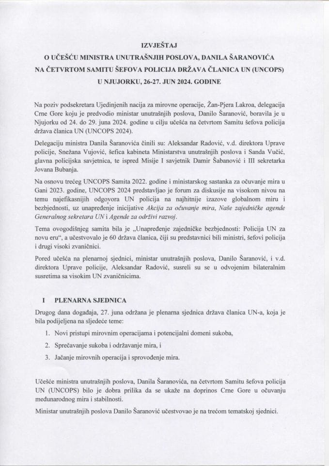 Извјештај о учешћу министра унутрашњих послова, Данила Шарановића, на четвртом Самиту шефова полиција држава чланица УН (UNCOPS) у Њујорку, 26-27. јун 2024. године