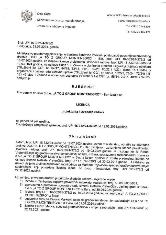 Лиценце пројектаната и извођача радова - УПИ 16-332-24-378-2 ДОО А ТО З ГРОУП МОНТЕНЕГРО