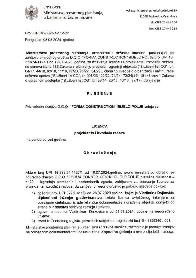 Licence projektanata i izvođača radova - UPI 16-332-24-1127-2 DOO FORMA CONSTRUCTION