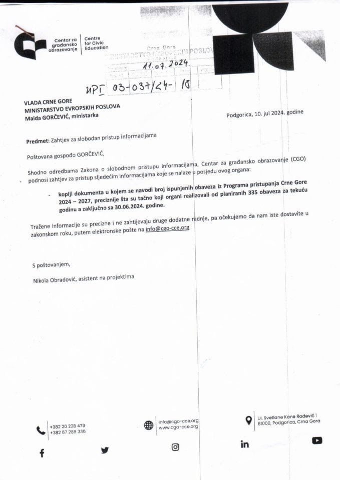 Obavještenje UPI 03-037/24-18/2 po zahtjevu za slobodan pristup informacijama NVO CGO od 11.07.2024. godine