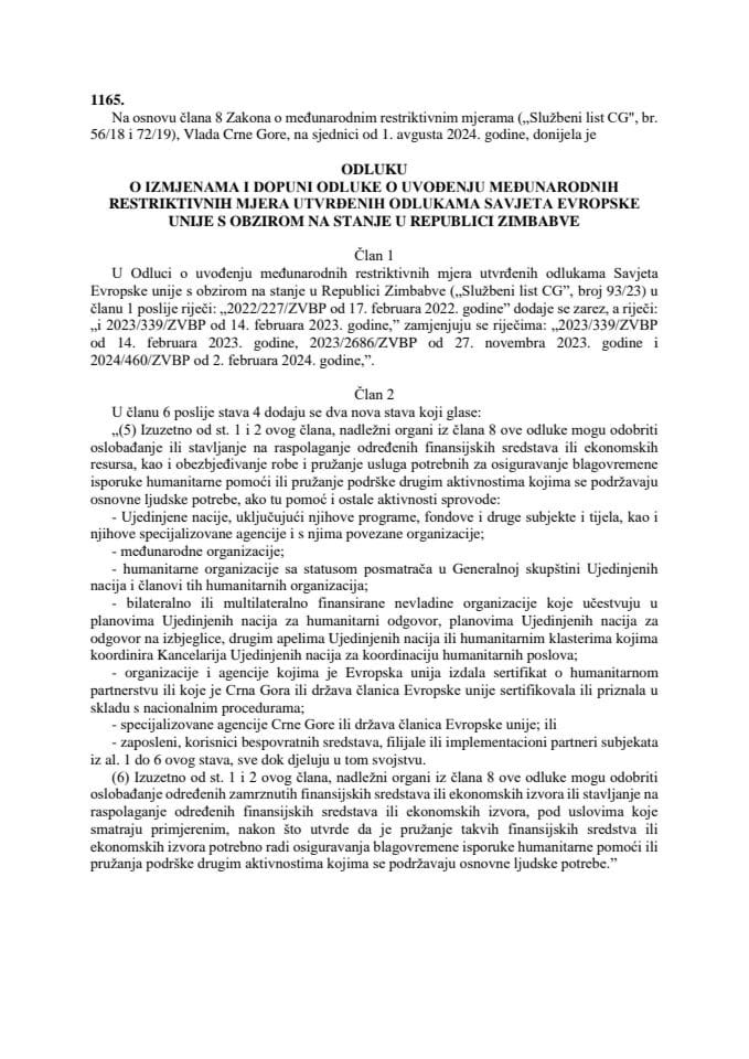 ODLUKA O IZMJENAMA I DOPUNI ODLUKE O UVOĐENJU MEĐUNARODNIH RESTRIKTIVNIH MJERA UTVRĐENIH ODLUKAMA SAVJETA EVROPSKE UNIJE S OBZIROM NA STANJE U REPUBLICI ZIMBABVE