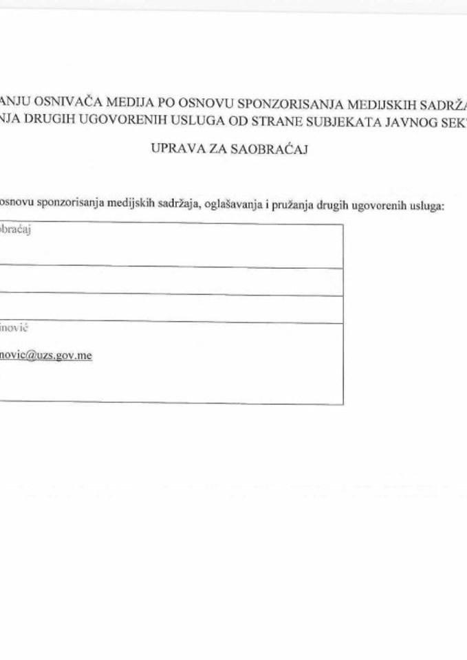 Obrazac o finansiranju osnivača medija po osnovu sponzorisanja medijskih sadržaja, oglašavanja i pružanja drugih ugovorenih usluga