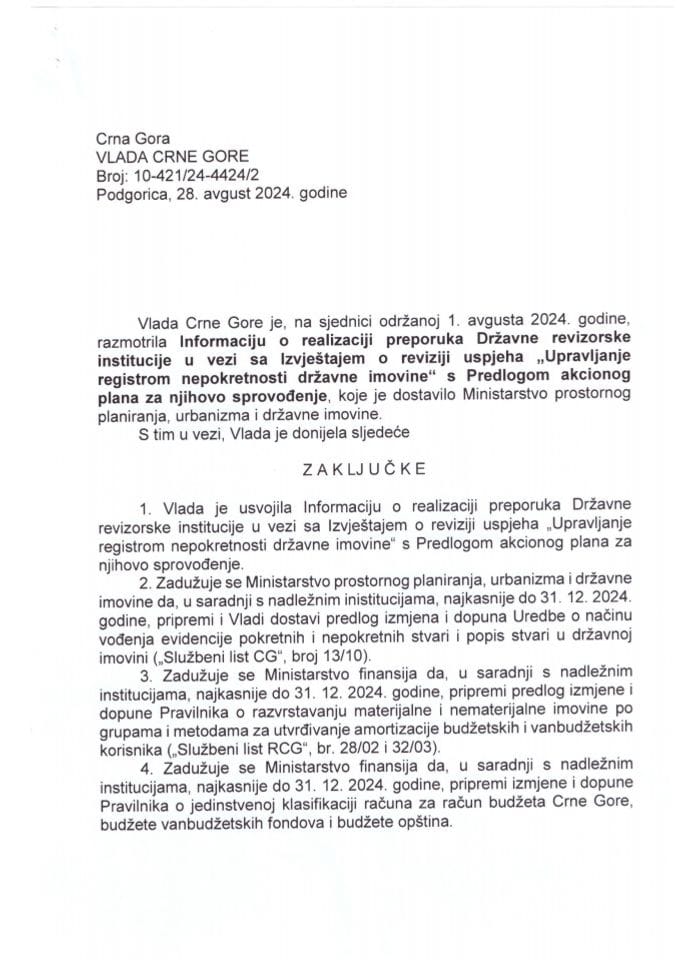 Информација о реализацији препорука Државне ревизорске институције у вези са Извјештајем о ревизији успјеха „Управљање регистром непокретности државне имовине“ с Предлогом акционог плана за њихово спровођење (без расправе) - закључци