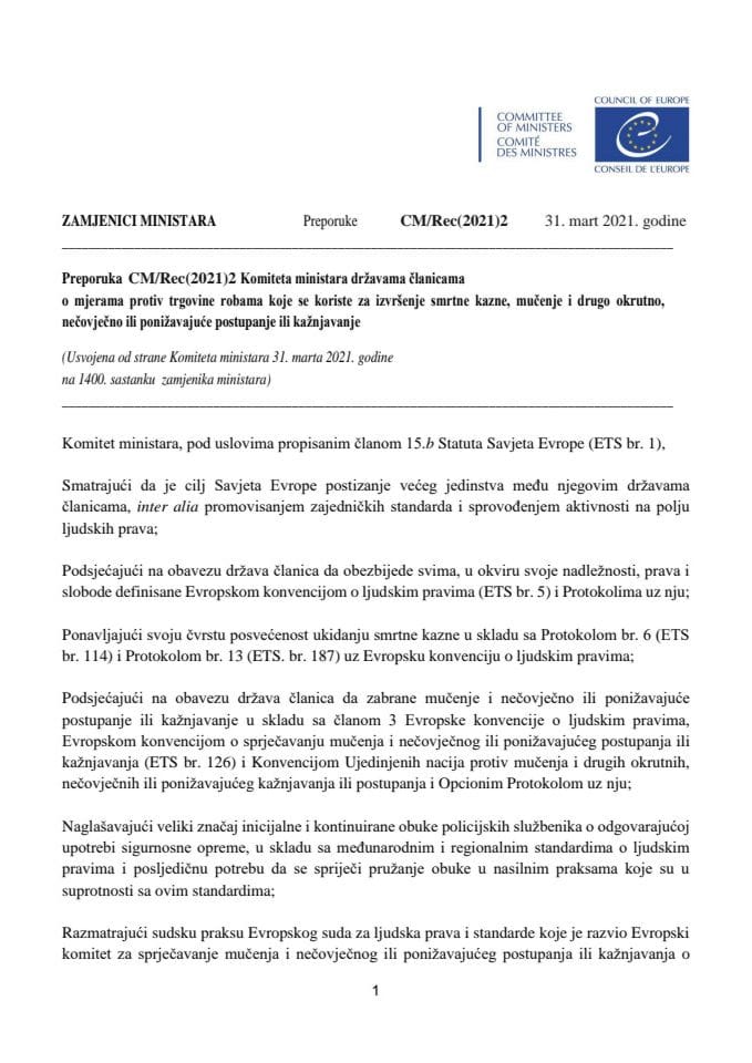 Preporuka Rec(2021)2 o mjerama protiv trgovine robama koje se koriste za izvršenje smrtne kazne, mučenje i drugo okrutno, nečovječno ili ponižavajuće postupanje ili kažnjavanje