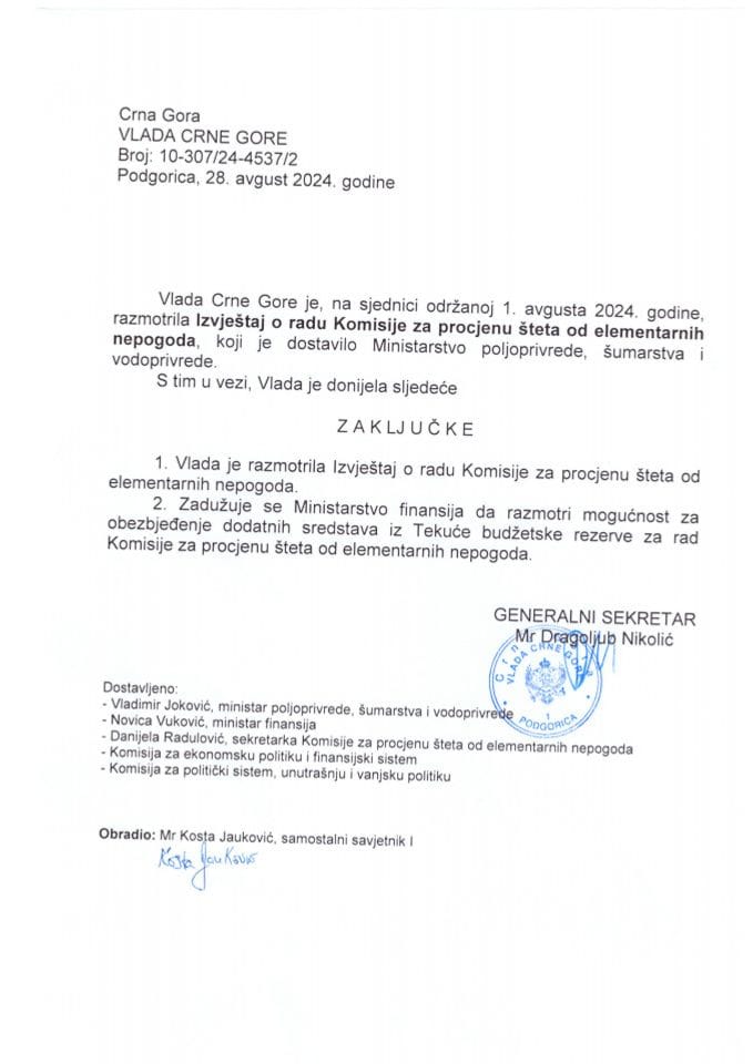 Извјештај о раду Комисије за процјену штета од елементарних непогода - закључци