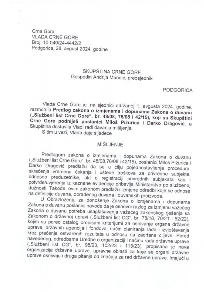 Предлог мишљења на Предлог закона о измјенама и допунама Закона о дувану („Службени лист ЦГ“, бр. 48/08, 76/08 и 42/15) (предлагачи посланици Милош Пижурица и Дарко Драговић) - закључци