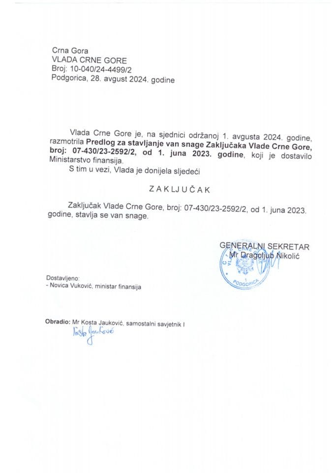 Предлог за стављање ван снаге Закључака Владе Црне Горе, број: 07-430/23-2592/2, од 1. јуна 2023. године - закључци