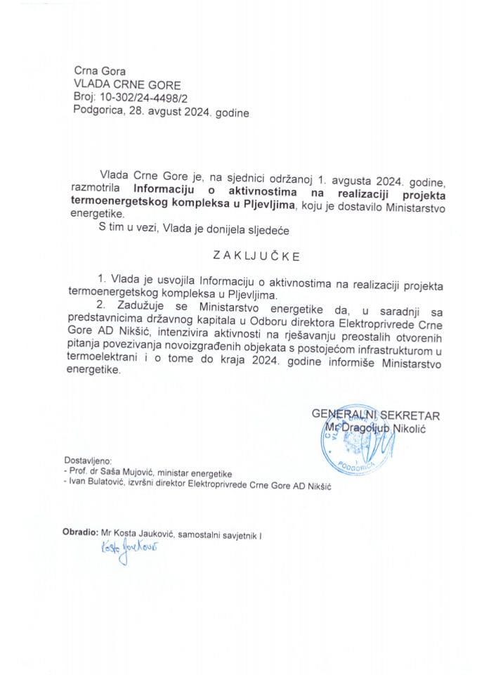 Информација о активностима на реализацији пројекта термоенергетског комплекса у Пљевљима - закључци