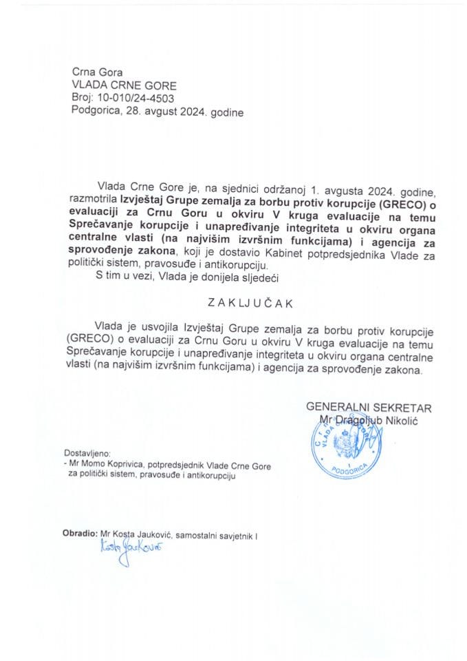 Извјештај Групе земаља за борбу против корупције (GRECO) о евалуацији за Црну Гору у оквиру V круга евалуације - закључци