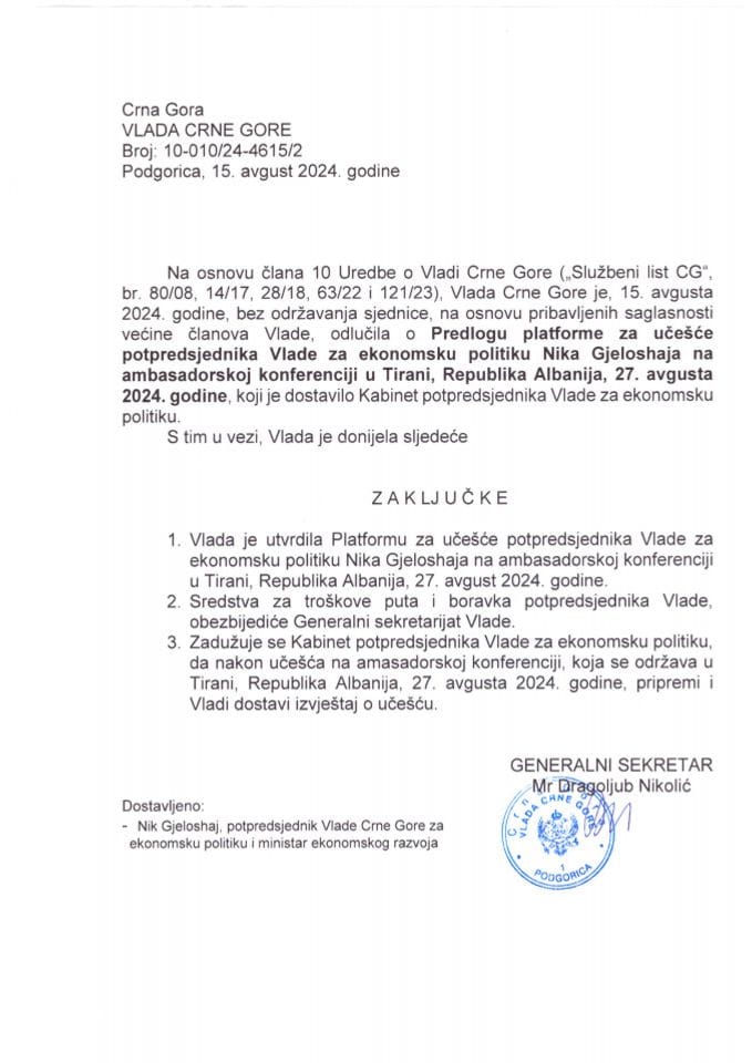 Prijedlog platforme za učešće potpredsjednika Vlade za ekonomsku politiku Nika Gjeloshaja na Ambasadorskoj konferenciji u Tirani, Republika Albanija, 27. avgust 2024. godine - zaključci