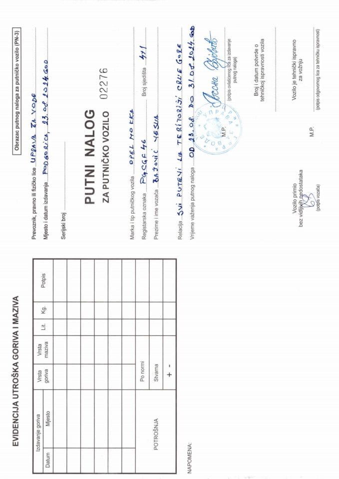 Putni nalog za korišćenje službenog vozila PG CGF46 od 23.08.-31.08.2024.g.