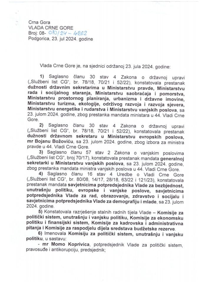 Predlozi za imenovanja i razrešenja na 42. sjednici Vlade Crne Gore - zaključci