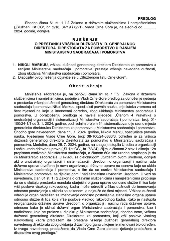 Predlog za prestanak vršenja dužnosti v. d. generalnog direktora Direktorata za pomorstvo u ranijem Ministarstvu saobraćaja i pomorstva