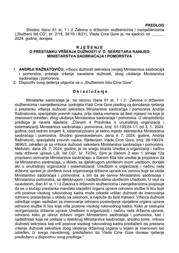 Predlog za prestanak vršenja dužnosti v.d. sekretara ranijeg Ministarstva saobraćaja i pomorstva