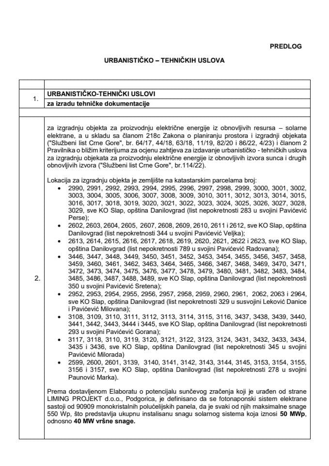 Predlog urbanističko-tehničkih uslova za izradu tehničke dokumentacije za izgradnju objekta za proizvodnju električne energije iz obnovljivih resursa – solarne elektrane, po zahtjevu Vladana Šaranovića i Veljka Uskokovića iz Danilovgrada (bez rasprave)